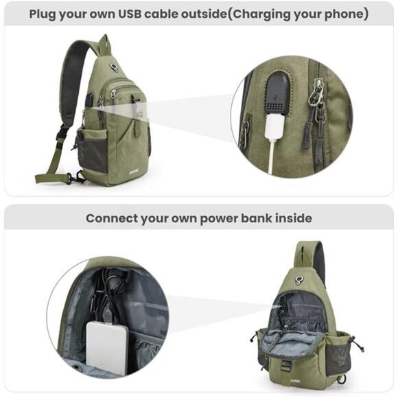 Canvas Sling Bag Crossbody Backpack with USB Charging Port &RFID Blocking,Hiking - Picture 4 of 7